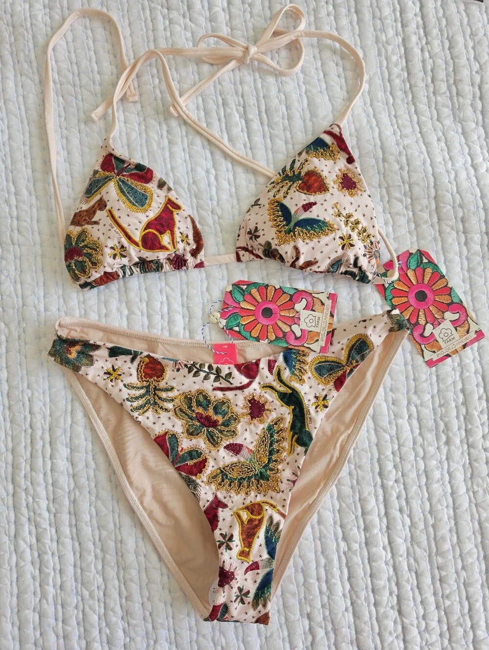 FARM Rio Beaded Bikini Set Size M NWT Tropical Animal Floral Beaded Swim